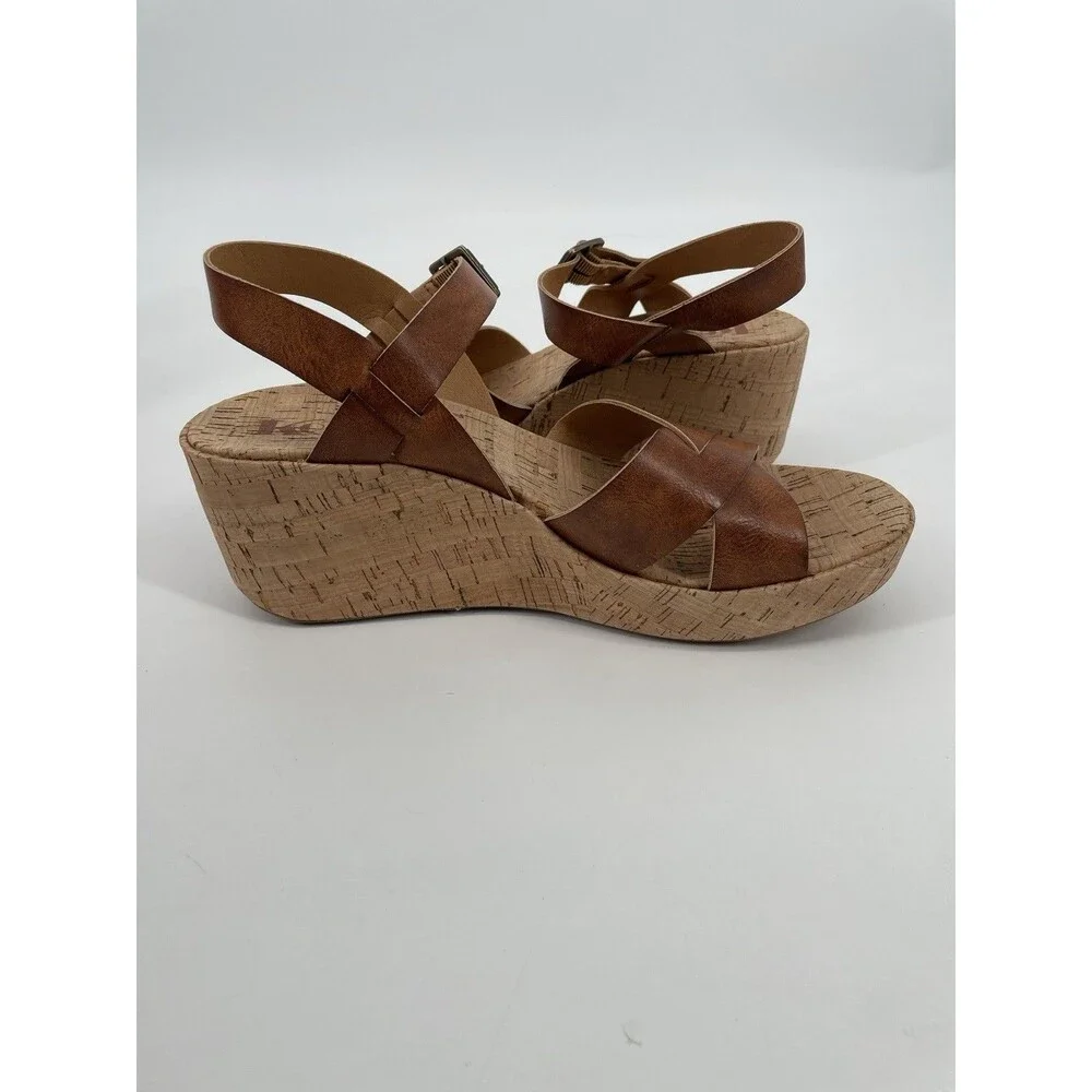 Korks Denica Crisscross Tan Faux Leather Cork Platform Wedge Boho Sandals 9M
